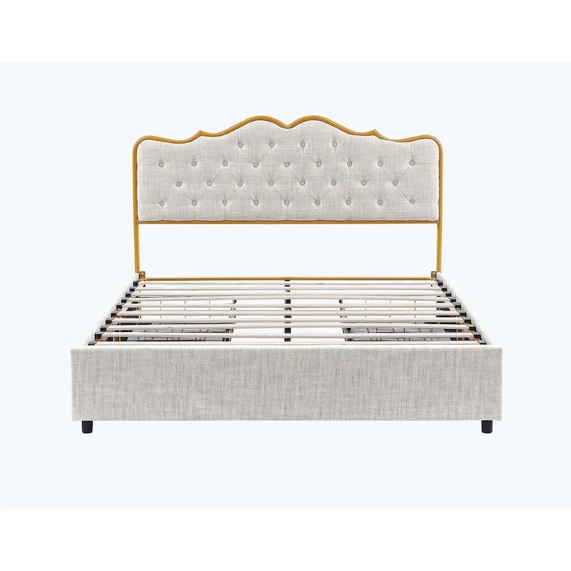 Platform Bed with Buckle Shaped Backrest and Four Storage Drawers
