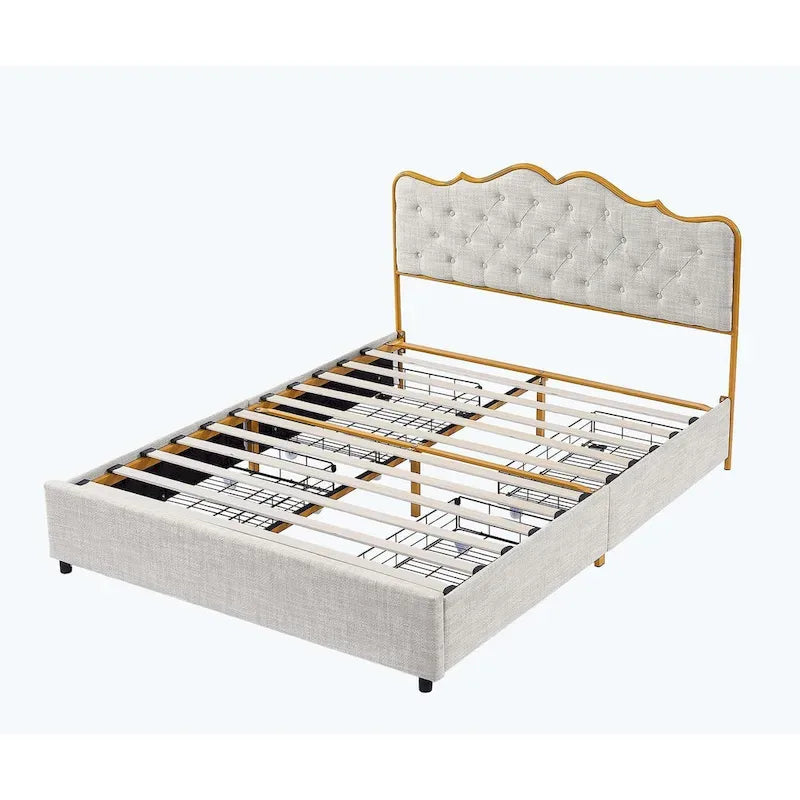 Platform Bed with Buckle Shaped Backrest and Four Storage Drawers