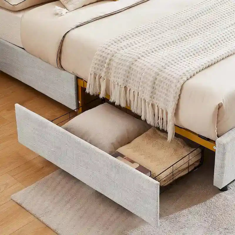 Platform Bed with Buckle Shaped Backrest and Four Storage Drawers