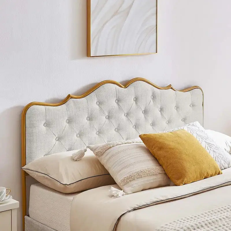 Platform Bed with Buckle Shaped Backrest and Four Storage Drawers
