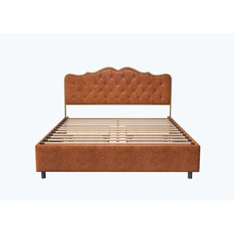 Platform Bed with Buckle Shaped Backrest and Four Storage Drawers