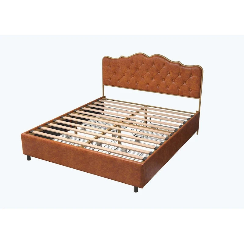 Platform Bed with Buckle Shaped Backrest and Four Storage Drawers