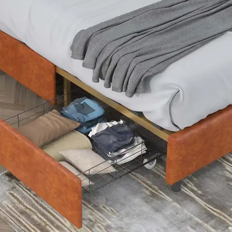 Platform Bed with Buckle Shaped Backrest and Four Storage Drawers