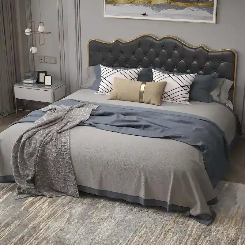 Platform Bed with Buckle Shaped Backrest and Four Storage Drawers