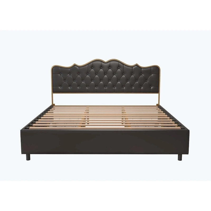 Platform Bed with Buckle Shaped Backrest and Four Storage Drawers