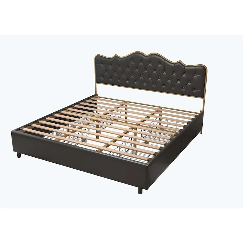 Platform Bed with Buckle Shaped Backrest and Four Storage Drawers