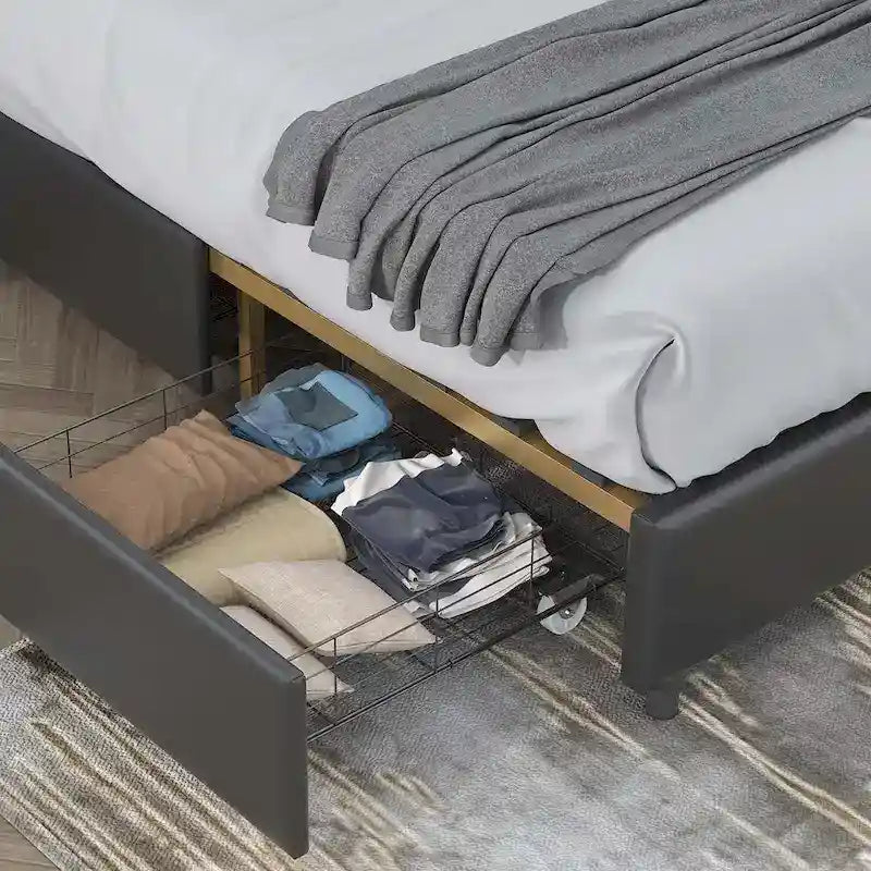 Platform Bed with Buckle Shaped Backrest and Four Storage Drawers