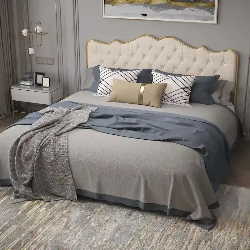 Platform Bed with Buckle Shaped Backrest and Four Storage Drawers