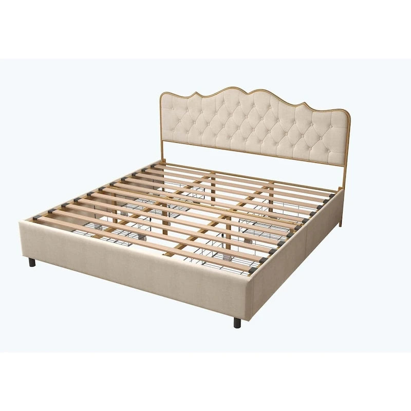 Platform Bed with Buckle Shaped Backrest and Four Storage Drawers