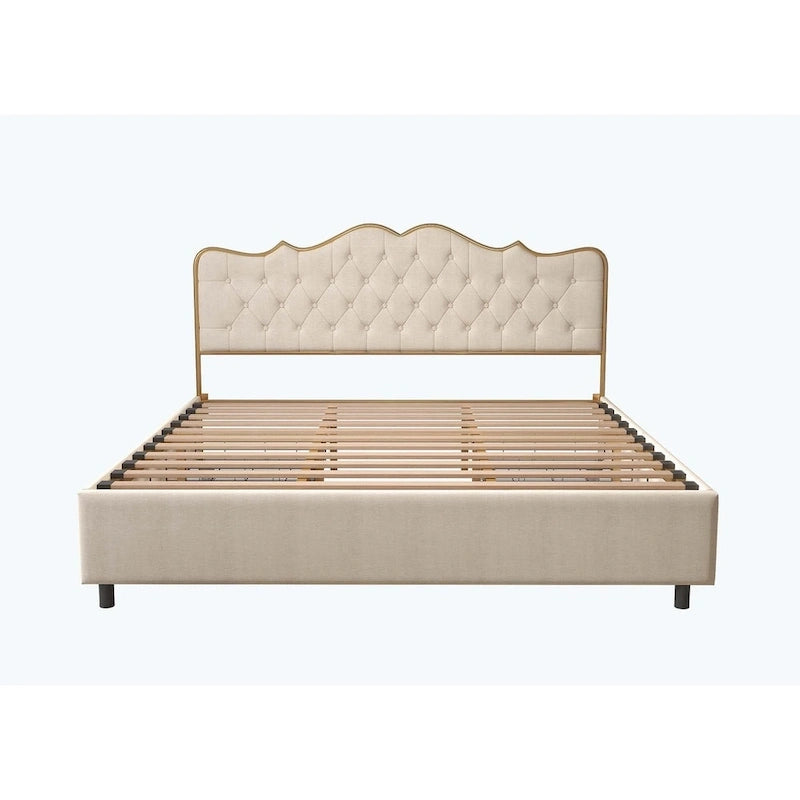 Platform Bed with Buckle Shaped Backrest and Four Storage Drawers