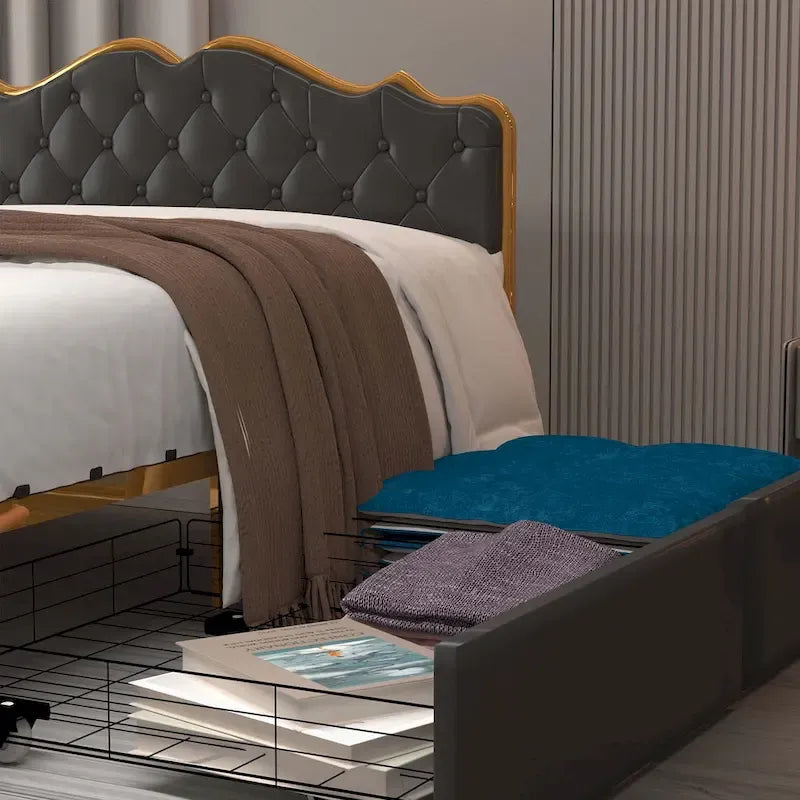 Platform Bed with Buckle Shaped Backrest and Four Storage Drawers