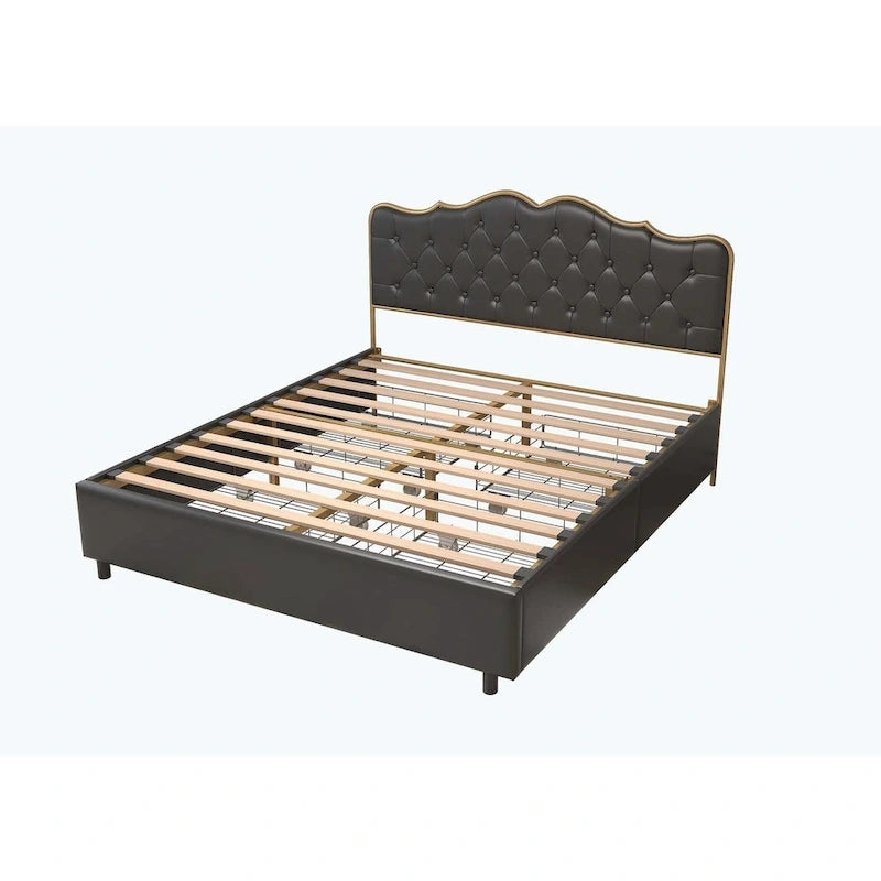Platform Bed with Buckle Shaped Backrest and Four Storage Drawers