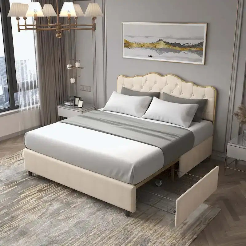 Platform Bed with Buckle Shaped Backrest and Four Storage Drawers