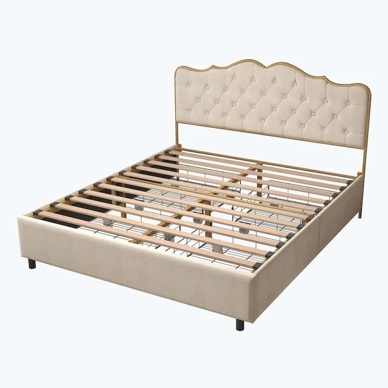 Platform Bed with Buckle Shaped Backrest and Four Storage Drawers