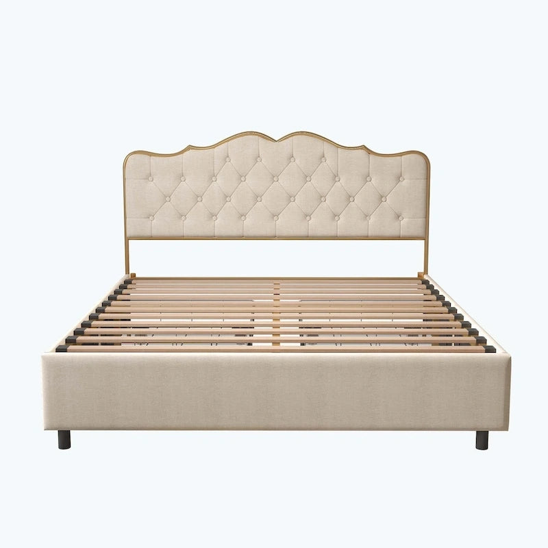 Platform Bed with Buckle Shaped Backrest and Four Storage Drawers