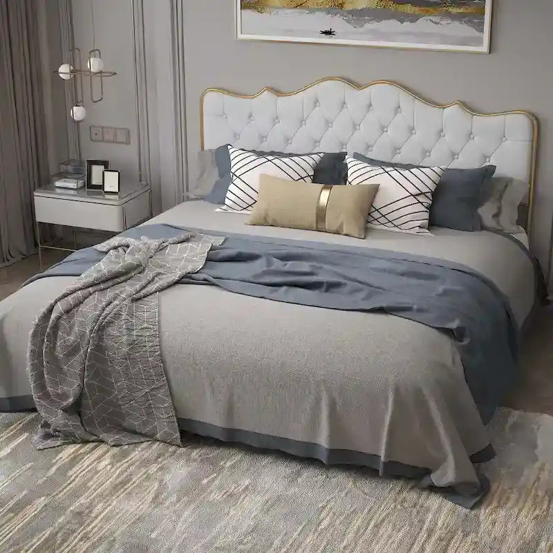 Platform Bed with Buckle Shaped Backrest and Four Storage Drawers