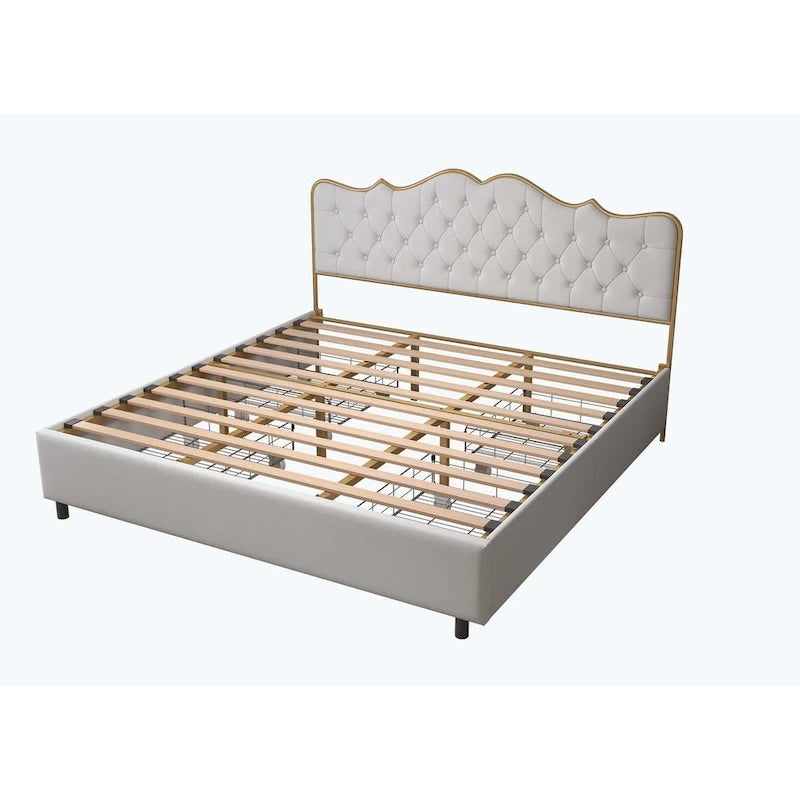 Platform Bed with Buckle Shaped Backrest and Four Storage Drawers
