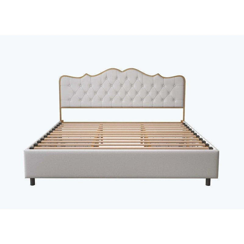 Platform Bed with Buckle Shaped Backrest and Four Storage Drawers
