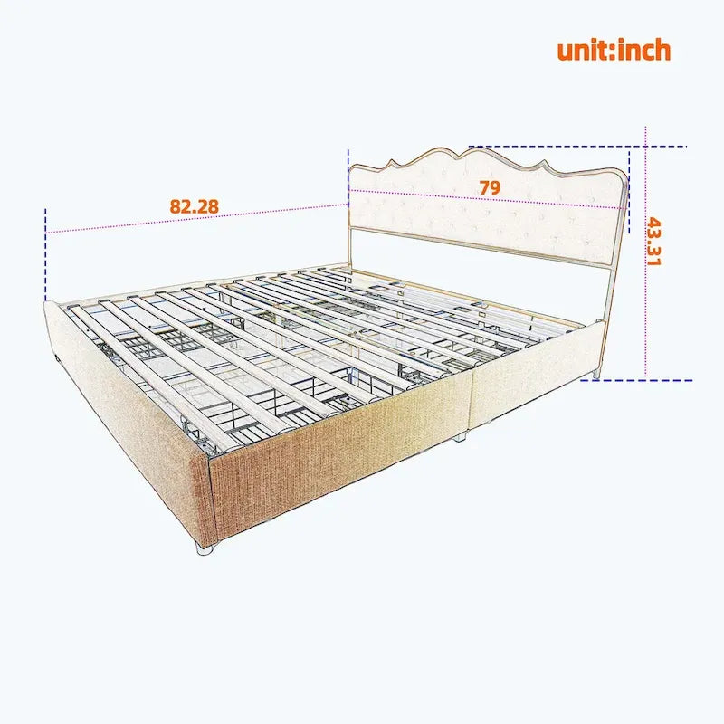 Platform Bed with Buckle Shaped Backrest and Four Storage Drawers