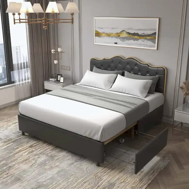 Platform Bed with Buckle Shaped Backrest and Four Storage Drawers