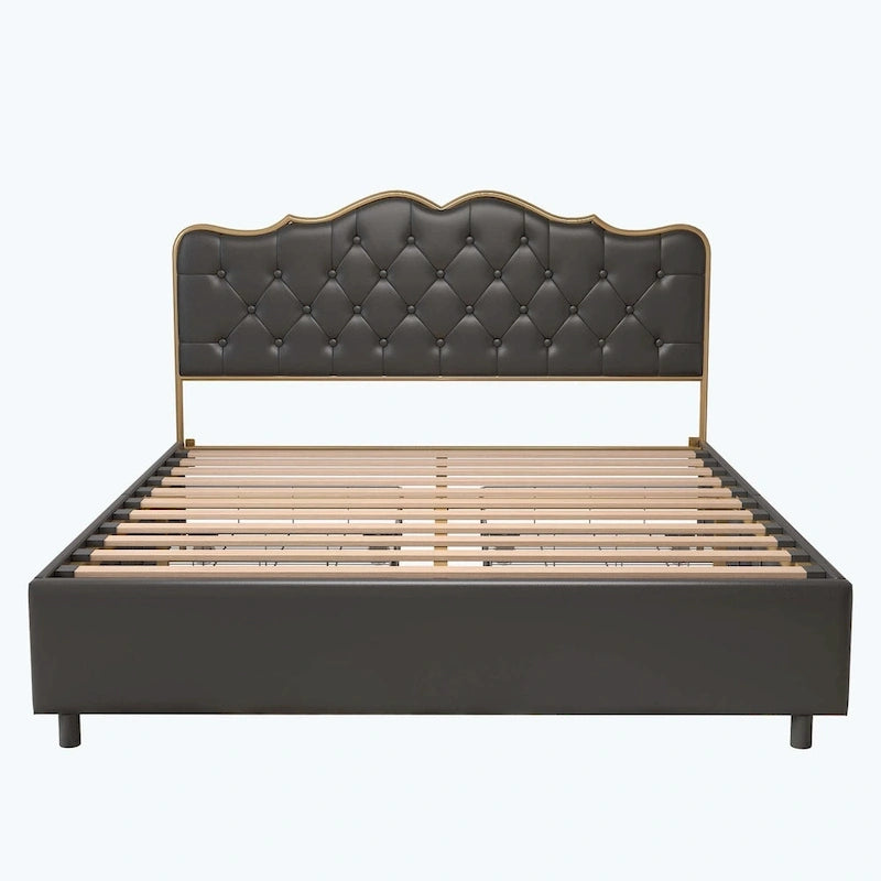 Platform Bed with Buckle Shaped Backrest and Four Storage Drawers