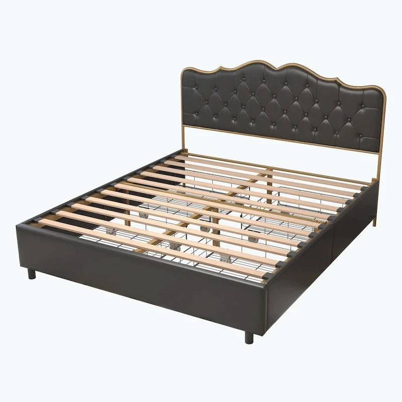 Platform Bed with Buckle Shaped Backrest and Four Storage Drawers