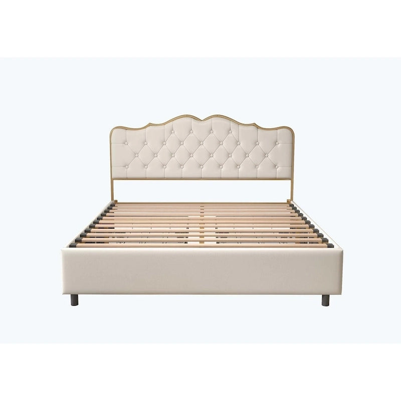 Platform Bed with Buckle Shaped Backrest and Four Storage Drawers