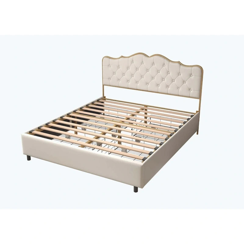 Platform Bed with Buckle Shaped Backrest and Four Storage Drawers