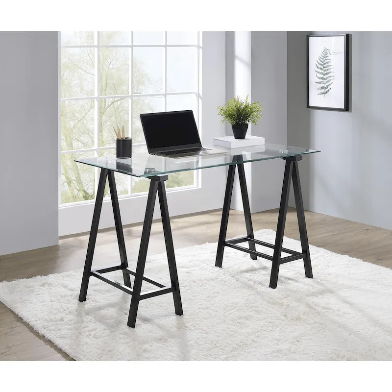 Writing Desk with Clear Glass Top and Metal Base
