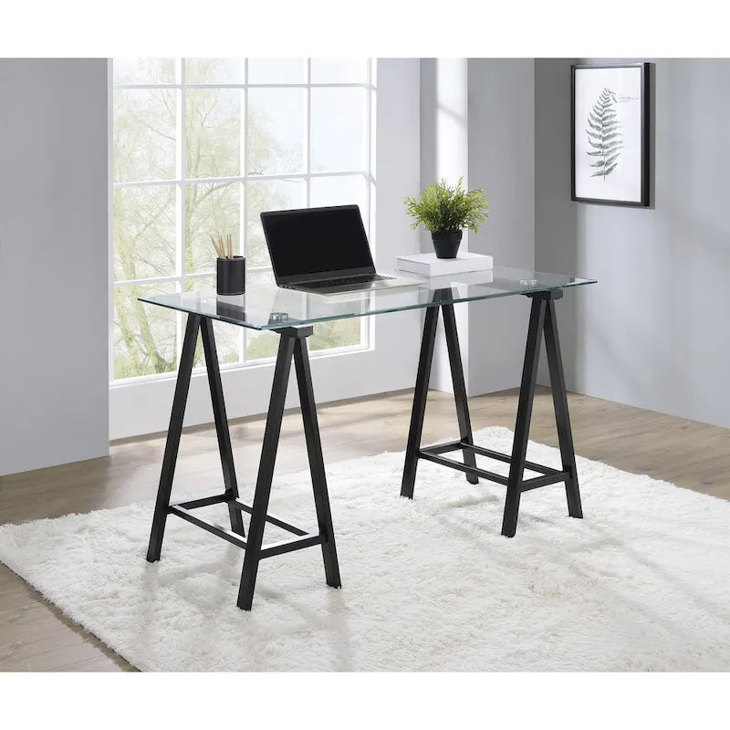 Writing Desk with Clear Glass Top and Metal Base