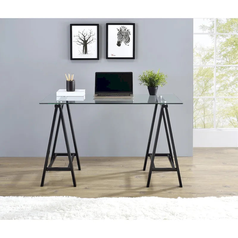 Writing Desk with Clear Glass Top and Metal Base