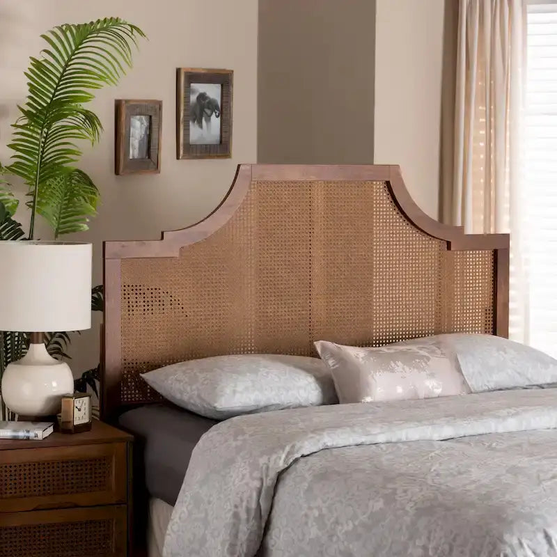 Mid-Century Modern Ash Walnut Wood and Rattan Headboard