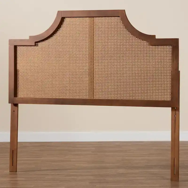 Mid-Century Modern Ash Walnut Wood and Rattan Headboard