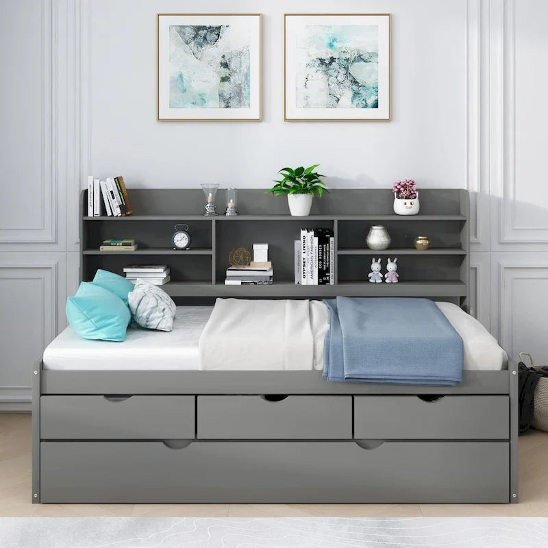 Twin Size Wooden Captain Bed with Storage Drawers and Trundle