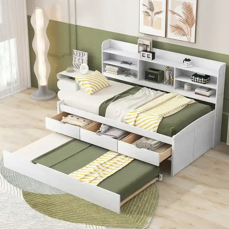 Twin Size Wooden Captain Bed with Storage Drawers and Trundle