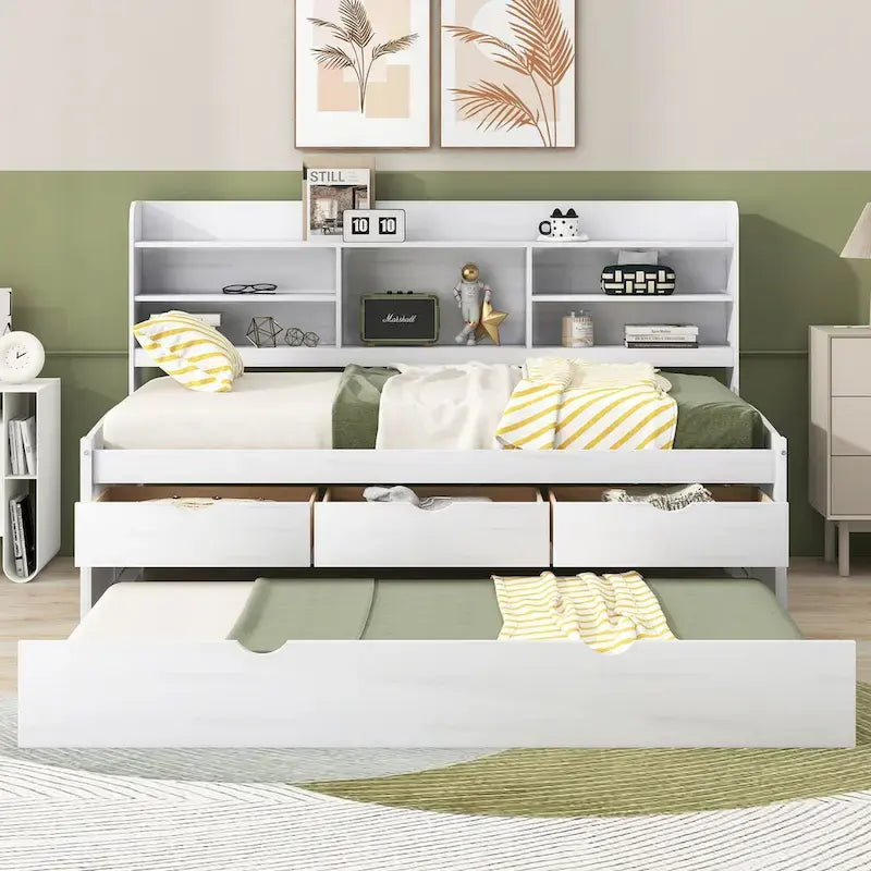 Twin Size Wooden Captain Bed with Storage Drawers and Trundle