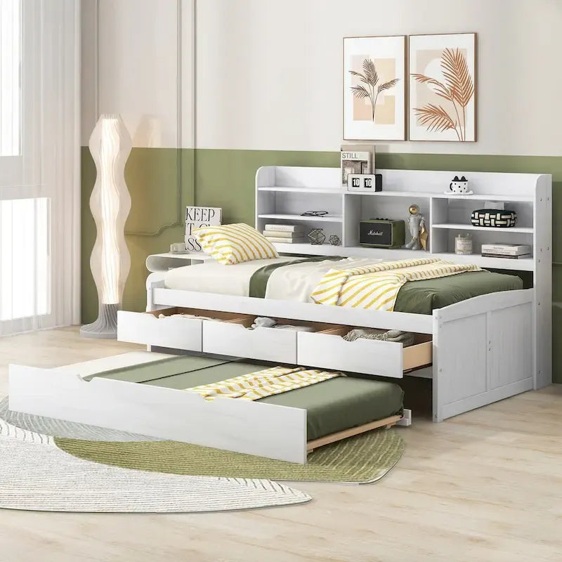 Twin Size Wooden Captain Bed with Storage Drawers and Trundle
