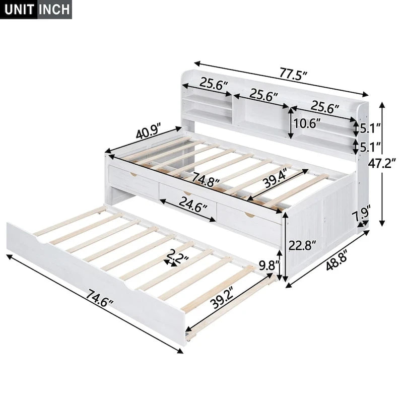 Twin Size Wooden Captain Bed with Storage Drawers and Trundle