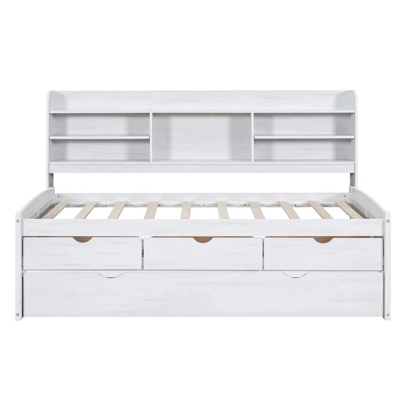 Twin Size Wooden Captain Bed with Storage Drawers and Trundle