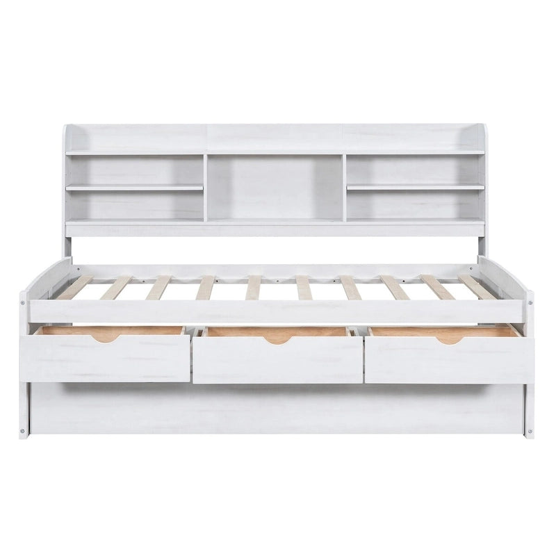 Twin Size Wooden Captain Bed with Storage Drawers and Trundle