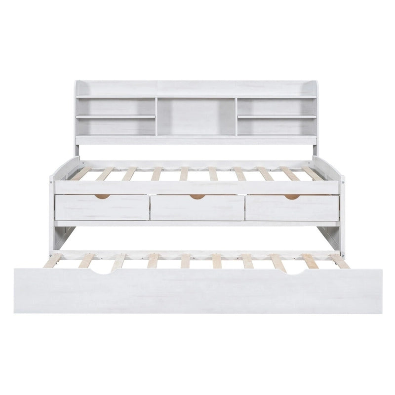 Twin Size Wooden Captain Bed with Storage Drawers and Trundle