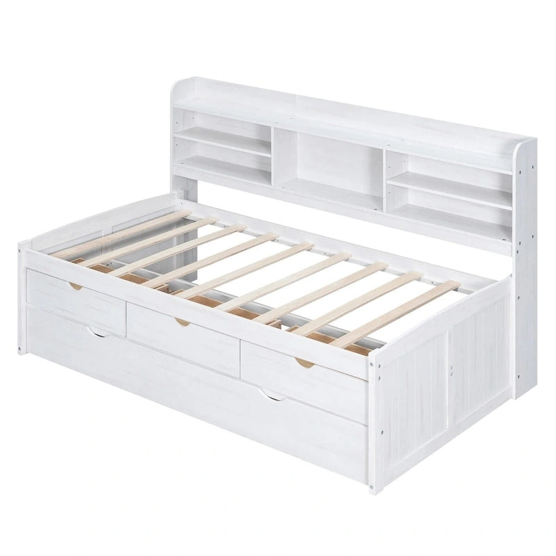 Twin Size Wooden Captain Bed with Storage Drawers and Trundle
