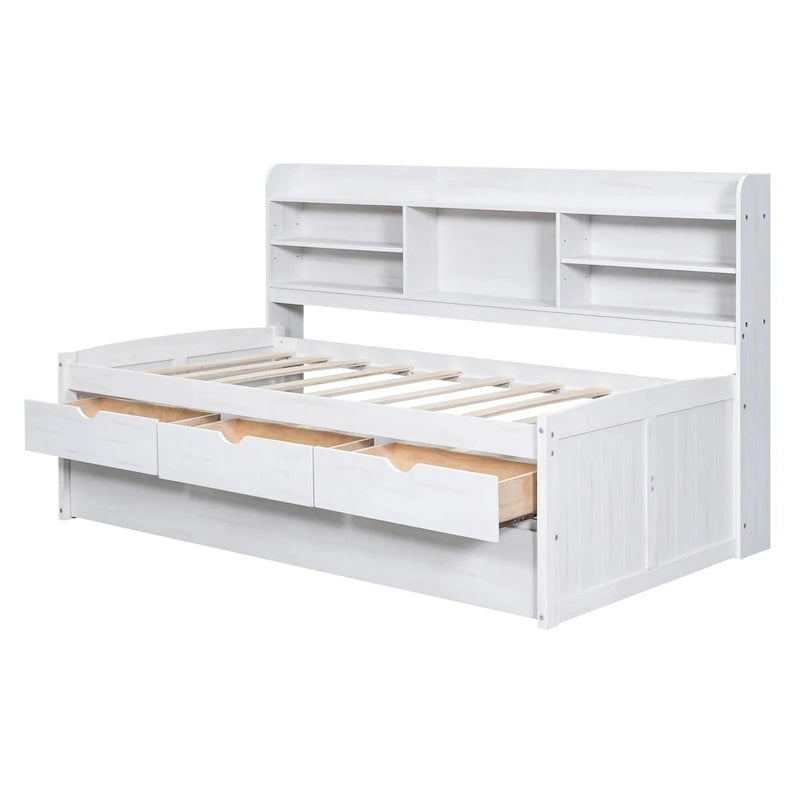 Twin Size Wooden Captain Bed with Storage Drawers and Trundle