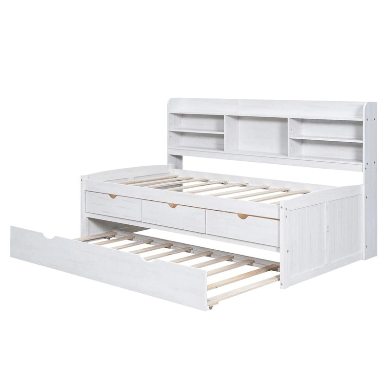 Twin Size Wooden Captain Bed with Storage Drawers and Trundle