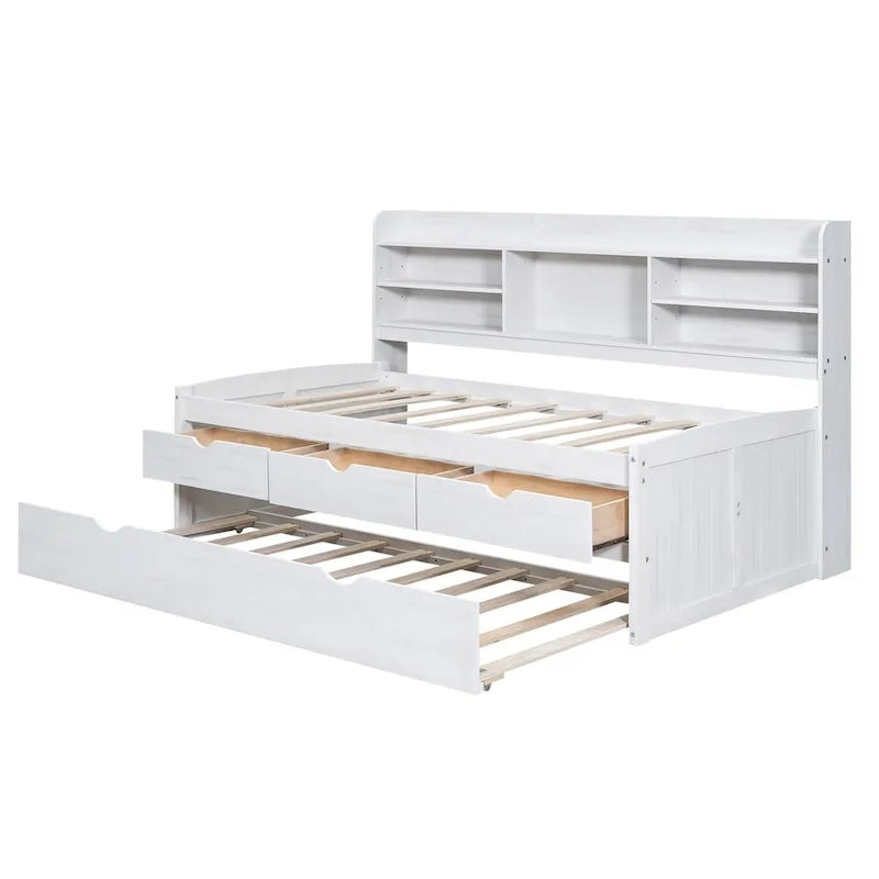 Twin Size Wooden Captain Bed with Storage Drawers and Trundle