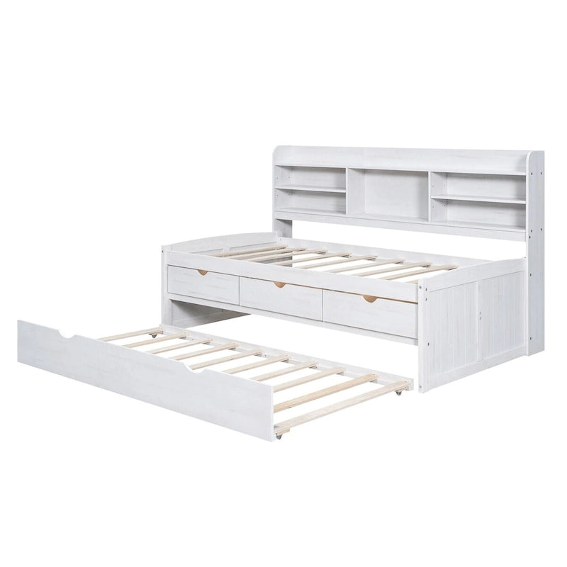 Twin Size Wooden Captain Bed with Storage Drawers and Trundle