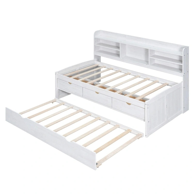 Twin Size Wooden Captain Bed with Storage Drawers and Trundle