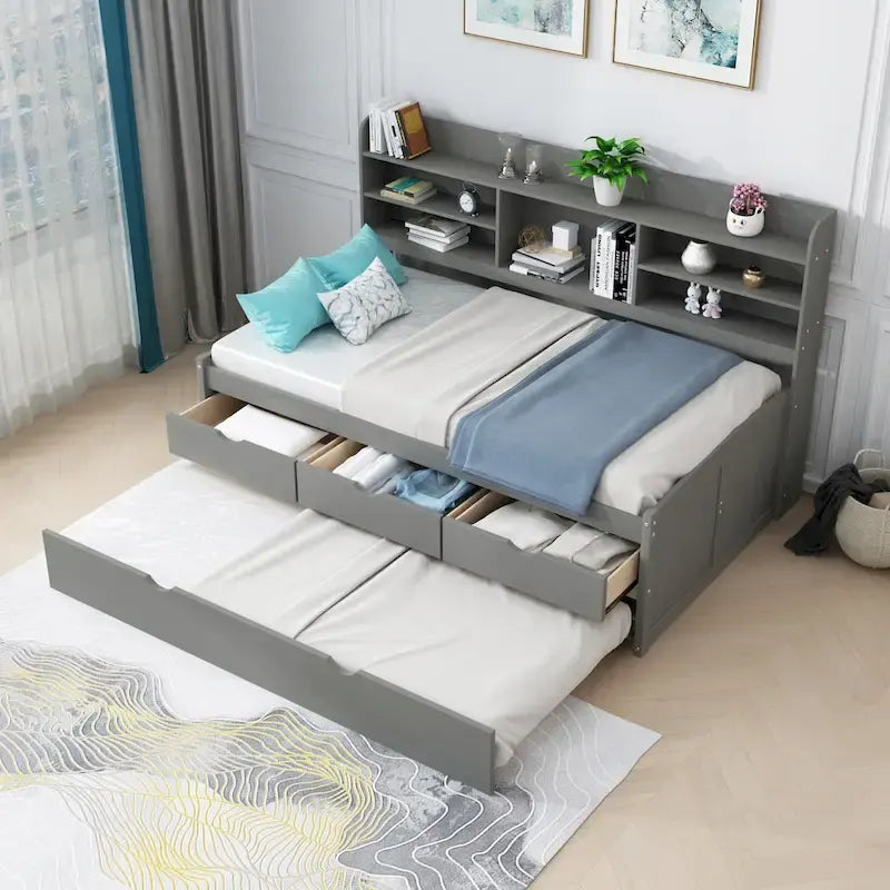 Twin Size Wooden Captain Bed with Storage Drawers and Trundle