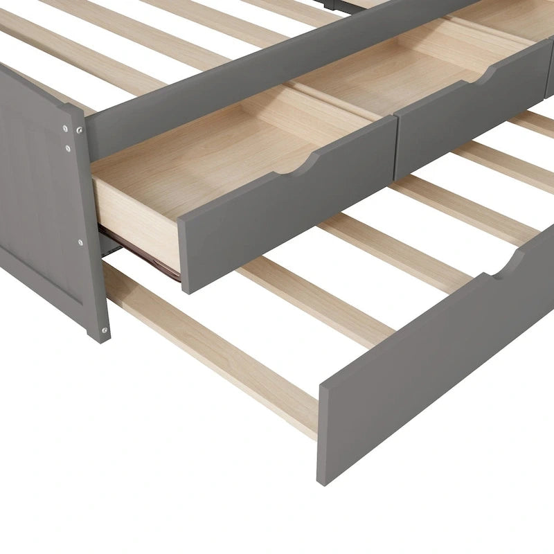 Twin Size Wooden Captain Bed with Storage Drawers and Trundle