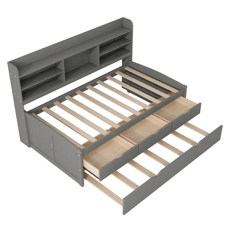 Twin Size Wooden Captain Bed with Storage Drawers and Trundle